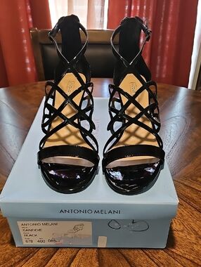 ANTONIO MELANI Black Patent Strappy Caged Heels